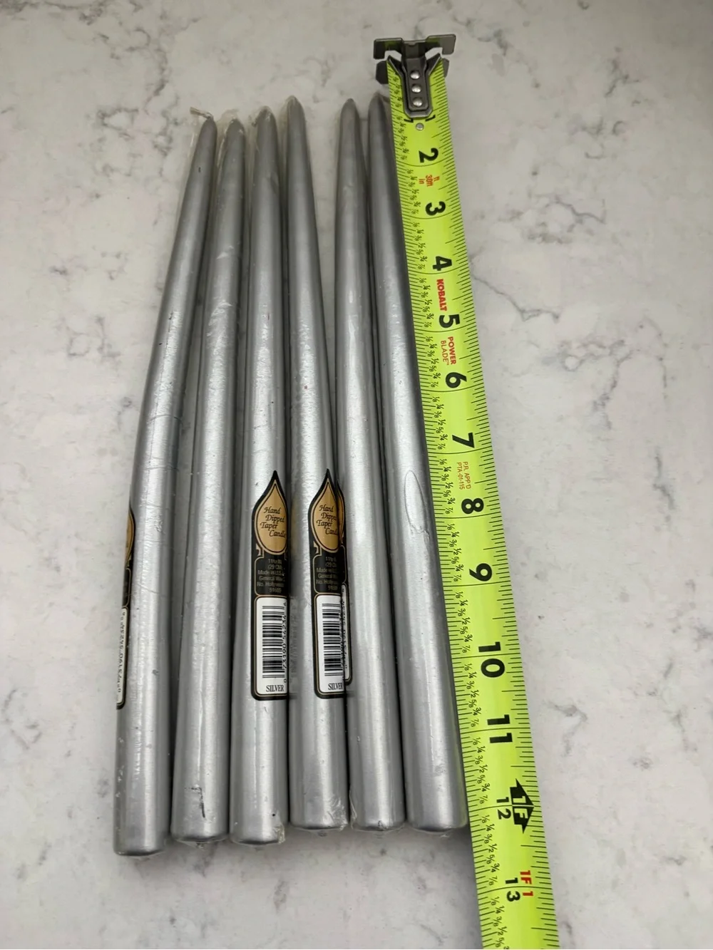 6 USA made hand dipped silver taper candles 12” tall.  6